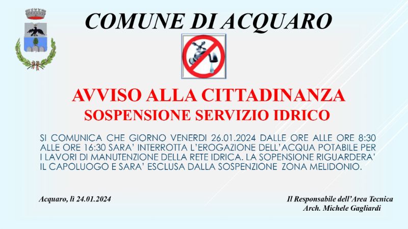 Avviso interruzione idrica del 30 ottobre Avviso interruzione idrica del 30 ottobre