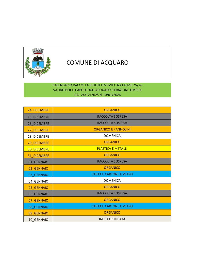Calendario Raccolta Rifiuti